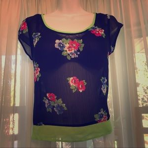 Hollister Top - blue with flowers and green accent